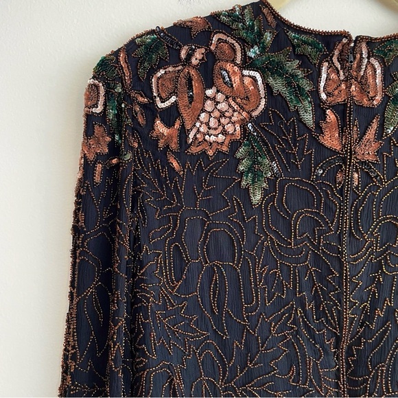 Elegant Vintage beaded bodysuit embellished unique 80s silk floral sequin event - Picture 8 of 16